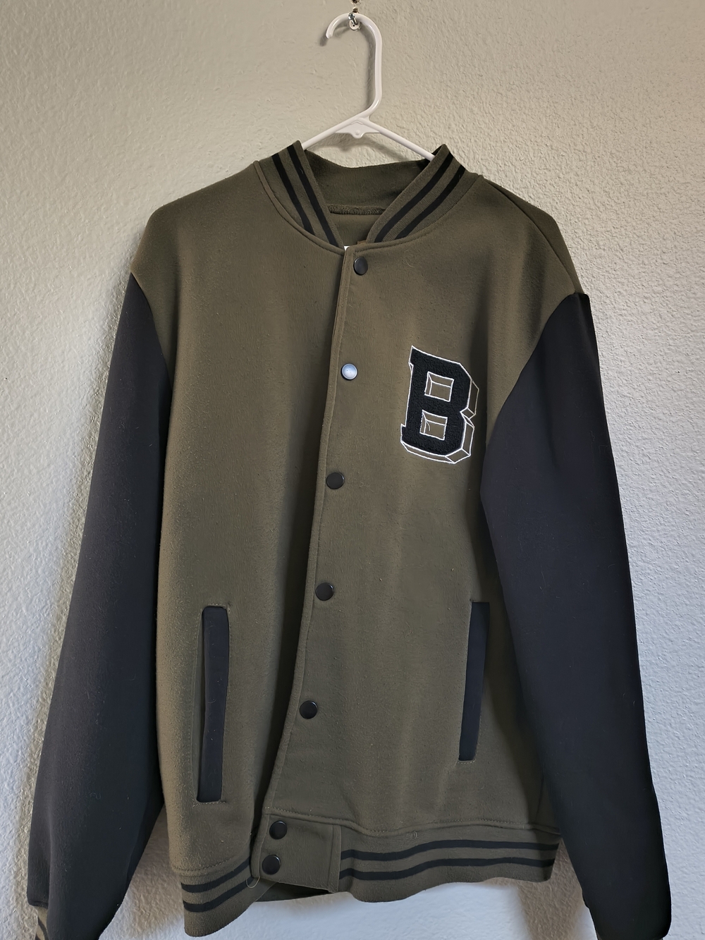 Men's Olive & Black Letterman Jacket - B Patch